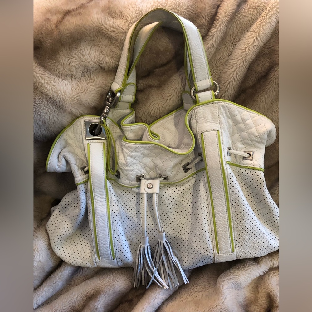 Francesco Biasia white leather bag with lime trim